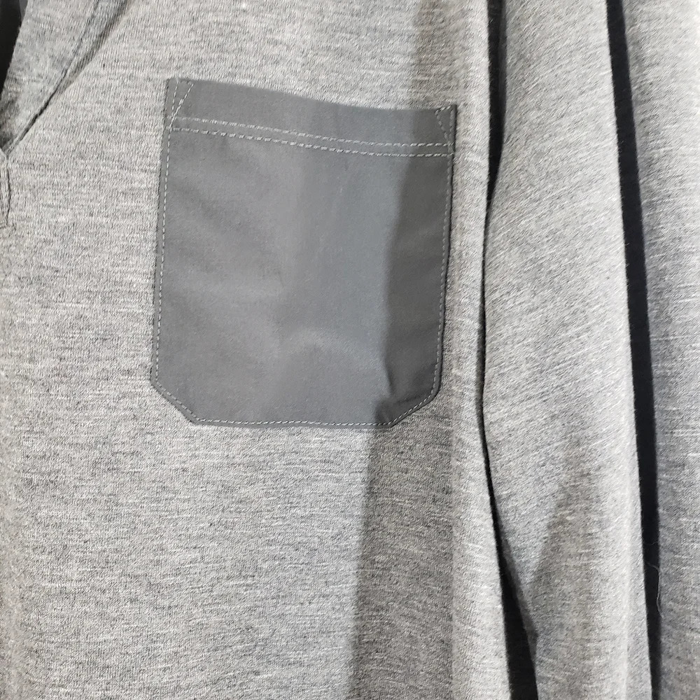 PRANA Ashlyn heather grey mixed media tab sleeve split 'V' neck hi low blouse - Picture 7 of 12